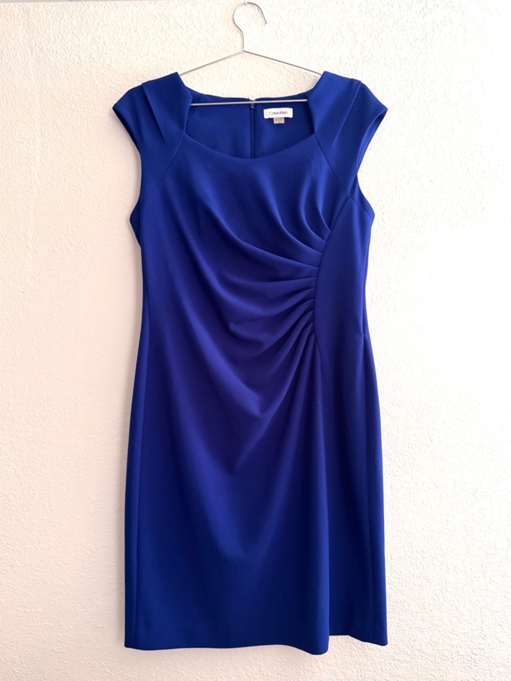 Calvin Klein Blue Sheath Dress Ruched Side Cap Sleeve Knee Length Size 12